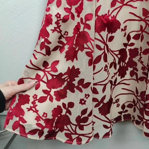 Jacques Vert Dress Womens 8 Red Cream Devore Floral Midi Dress Sleeveless V-Neck - Picture 4 of 9